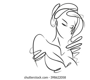 VECTOR 
Retrato de gráficos originales dibujados a mano con hermoso modelo de niña joven y atractiva para el diseño. Moda, estilo,    belleza. Gráfico, dibujo. Mujer sexy
