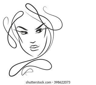 VECTOR 
stylish  original hand-drawn graphics portrait  with beautiful young attractive girl model for design. Fashion, style,    beauty . Graphic, sketch drawing. Sexy  woman
