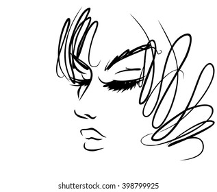 VECTOR 
stylish  original hand-drawn graphics portrait  with beautiful young attractive girl model for design. Fashion, style,    beauty . Graphic, sketch drawing. Sexy  woman
