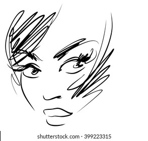 VECTOR 
stylish  original hand-drawn graphics portrait  with beautiful young attractive girl model for design. Fashion, style,    beauty . Graphic, sketch drawing. Sexy  woman