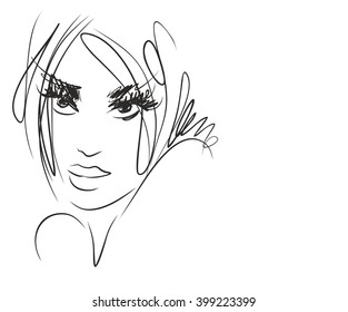 VECTOR 
stylish  original hand-drawn graphics portrait  with beautiful young attractive girl model for design. Fashion, style,    beauty . Graphic, sketch drawing. Sexy  woman