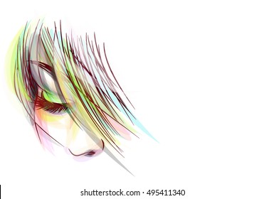 VECTOR 
stylish  original hand-drawn graphics portrait  with beautiful young attractive girl model for design. Fashion, style,    beauty . Graphic, sketch drawing. Sexy  woman

