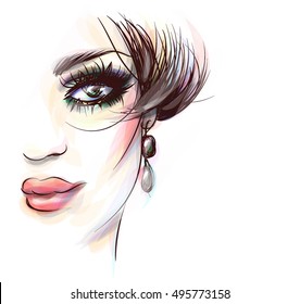  
VECTOR 

stylish  original hand-drawn graphics portrait  with beautiful young attractive girl model for design. Fashion, style,    beauty . Graphic, sketch drawing. Sexy  woman

