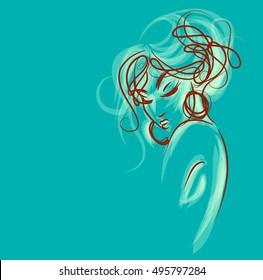 VECTOR 
stylish  original hand-drawn graphics portrait  with beautiful young attractive girl model for design. Fashion, style,    beauty . Graphic, sketch drawing. Sexy  woman
