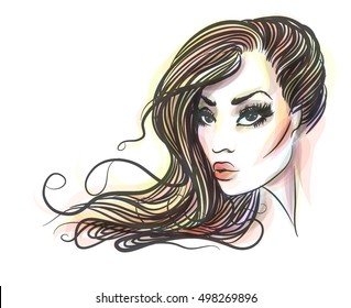 VECTOR 
stylish  original hand-drawn graphics portrait  with beautiful young attractive girl model for design. Fashion, style,    beauty . Graphic, sketch drawing. Sexy  woman


