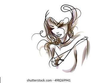 VECTOR 
stylish  original hand-drawn graphics portrait  with beautiful young attractive girl model for design. Fashion, style,    beauty . Graphic, sketch drawing. Sexy  woman


