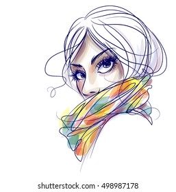 VECTOR 
stylish  original hand-drawn graphics portrait  with beautiful young attractive girl model for design. Fashion, style,    beauty . Graphic, sketch drawing. Sexy  woman


