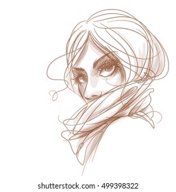 VECTOR 
stylish  original hand-drawn graphics portrait  with beautiful young attractive girl model for design. Fashion, style,    beauty . Graphic, sketch drawing. Sexy  woman

