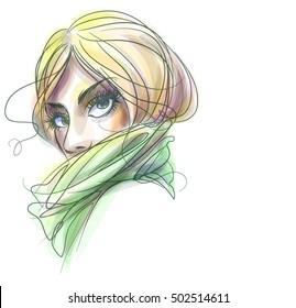 VECTOR 
stylish  original hand-drawn graphics portrait  with beautiful young attractive girl model for design. Fashion, style,    beauty . Graphic, sketch drawing. Sexy  woman

