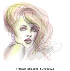 VECTOR 
stylish  original hand-drawn graphics portrait  with beautiful young attractive girl model for design. Fashion, style,    beauty . Graphic, sketch drawing. Sexy  woman



