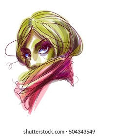 VECTOR 
stylish  original hand-drawn graphics portrait  with beautiful young attractive girl model for design. Fashion, style,    beauty . Graphic, sketch drawing. Sexy  woman




