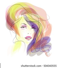 VECTOR 
stylish  original hand-drawn graphics portrait  with beautiful young attractive girl model for design. Fashion, style,    beauty . Graphic, sketch drawing. Sexy  woman



