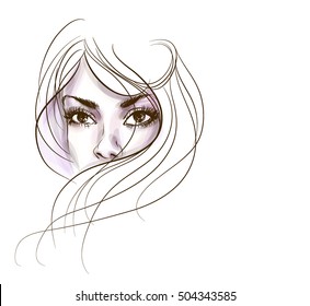 VECTOR 
stylish  original hand-drawn graphics portrait  with beautiful young attractive girl model for design. Fashion, style,    beauty . Graphic, sketch drawing. Sexy  woman



