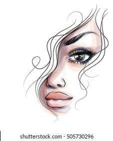 VECTOR 
stylish  original hand-drawn graphics portrait  with beautiful young attractive girl model for design. Fashion, style,    beauty . Graphic, sketch drawing. Sexy  woman
