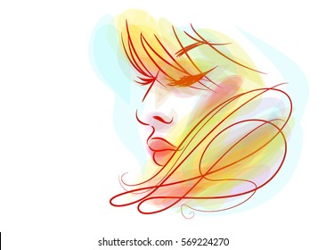 VECTOR 
stylish  original hand-drawn graphics portrait  with beautiful young attractive girl model for design. Fashion, style,    beauty . Graphic, sketch drawing. Sexy  woman

