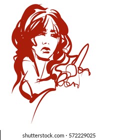 VECTOR stylish  original hand-drawn graphics portrait  with beautiful young attractive girl model for design. Fashion, style,    beauty . Graphic, sketch drawing. Sexy  woman

