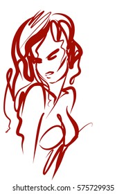 VECTOR 
stylish  original hand-drawn graphics portrait  with beautiful young attractive girl model for design. Fashion, style,    beauty . Graphic, sketch drawing. Sexy  woman
