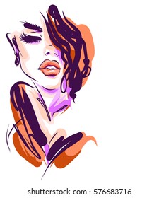 VEKTOR 
stylische, handgezeichnete Grafik-Portrait mit schönem jungen attraktiven Girl-Modell für Design. Mode, Stil,    Schönheit. Grafik, Skizze. Sexualfrau

