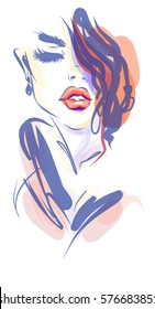 VECTOR 
stylish  original hand-drawn graphics portrait  with beautiful young attractive girl model for design. Fashion, style,    beauty . Graphic, sketch drawing. Sexy  woman

