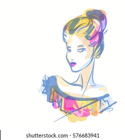 VECTOR 
stylish  original hand-drawn graphics portrait  with beautiful young attractive girl model for design. Fashion, style,    beauty . Graphic, sketch drawing. Sexy  woman

