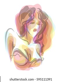 VECTOR 
stylish  original hand-drawn graphics portrait  with beautiful young attractive girl model for design. Fashion, style,  beauty . Graphic, sketch drawing.   Woman, girl.

