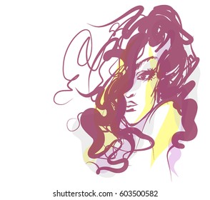VECTOR 
stylish  original hand-drawn graphics portrait  with beautiful young attractive girl model for design. Fashion, style,  beauty . Graphic, sketch drawing.   Woman, girl.

