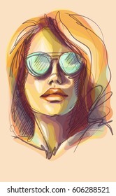 VECTOR 
stylish  original hand-drawn graphics portrait  with beautiful young attractive girl model for design. Fashion, style,  beauty . Graphic, sketch drawing.   Woman, girl.

