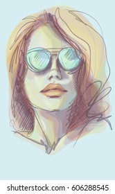VECTOR 
stylish  original hand-drawn graphics portrait  with beautiful young attractive girl model for design. Fashion, style,  beauty . Graphic, sketch drawing.   Woman, girl.

