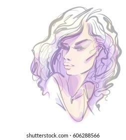 VECTOR 
stylish  original hand-drawn graphics portrait  with beautiful young attractive girl model for design. Fashion, style,  beauty . Graphic, sketch drawing.   Woman, girl.

