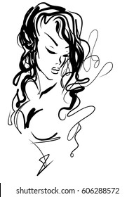 VECTOR 
stylish  original hand-drawn graphics portrait  with beautiful young attractive girl model for design. Fashion, style,  beauty . Graphic, sketch drawing.   Woman, girl.

