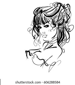 VECTOR 
stylish  original hand-drawn graphics portrait  with beautiful young attractive girl model for design. Fashion, style,  beauty . Graphic, sketch drawing.   Woman, girl.

