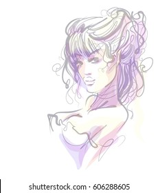 VECTOR 
stylish  original hand-drawn graphics portrait  with beautiful young attractive girl model for design. Fashion, style,  beauty . Graphic, sketch drawing.   Woman, girl.

