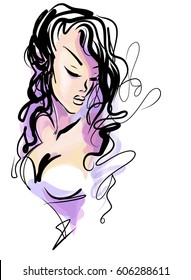 VECTOR 
stylish  original hand-drawn graphics portrait  with beautiful young attractive girl model for design. Fashion, style,  beauty . Graphic, sketch drawing.   Woman, girl.

