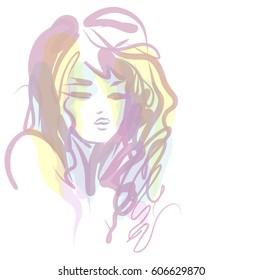VECTOR 
stylish  original hand-drawn graphics portrait  with beautiful young attractive girl model for design. Fashion, style,  beauty . Graphic, sketch drawing.   Woman, girl.

