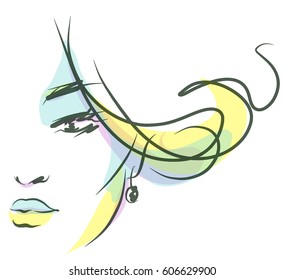 VECTOR 
stylish  original hand-drawn graphics portrait  with beautiful young attractive girl model for design. Fashion, style,  beauty . Graphic, sketch drawing.   Woman, girl.

