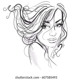 VECTOR 
stylish  original hand-drawn graphics portrait  with beautiful young attractive girl model for design. Fashion, style,  beauty . Graphic, sketch drawing.   Woman, girl.

