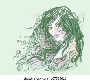 VECTOR 
stylish  original hand-drawn graphics portrait  with beautiful young attractive girl model for design. Fashion, style,  beauty . Graphic, sketch drawing.   Woman, girl.


