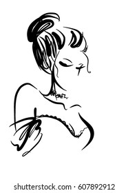 VECTOR 
stylish  original hand-drawn graphics portrait  with beautiful young attractive girl model for design. Fashion, style,  beauty . Graphic, sketch drawing.   Woman, girl.
