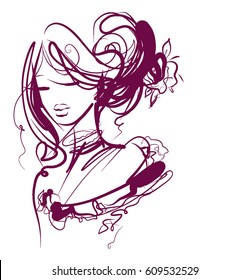 VECTOR 
stylish  original hand-drawn graphics portrait  with beautiful young attractive girl model for design. Fashion, style,  beauty . Graphic, sketch drawing.   Woman, girl.

