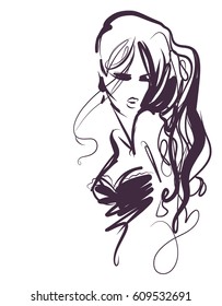 VECTOR 
stylish  original hand-drawn graphics portrait  with beautiful young attractive girl model for design. Fashion, style,  beauty . Graphic, sketch drawing.   Woman, girl.

