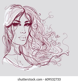 VECTOR 
stylish  original hand-drawn graphics portrait  with beautiful young attractive girl model for design. Fashion, style,  beauty . Graphic, sketch drawing.   Woman, girl.

