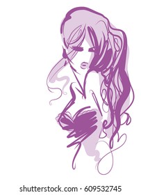 VECTOR 
stylish  original hand-drawn graphics portrait  with beautiful young attractive girl model for design. Fashion, style,  beauty . Graphic, sketch drawing.   Woman, girl.

