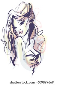 VECTOR 
stylish  original hand-drawn graphics portrait  with beautiful young attractive girl model for design. Fashion, style,  beauty . Graphic, sketch drawing.   Woman, girl.

