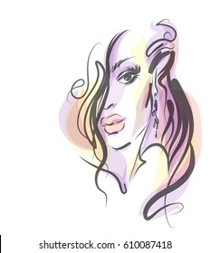 VECTOR 
stylish  original hand-drawn graphics portrait  with beautiful young attractive girl model for design. Fashion, style,  beauty . Graphic, sketch drawing.   Woman, girl.

