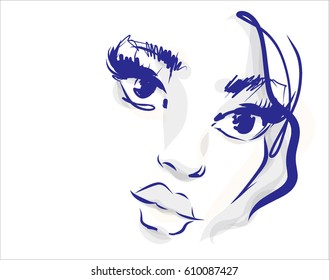 VECTOR 
stylish  original hand-drawn graphics portrait  with beautiful young attractive girl model for design. Fashion, style,  beauty . Graphic, sketch drawing.   Woman, girl.
