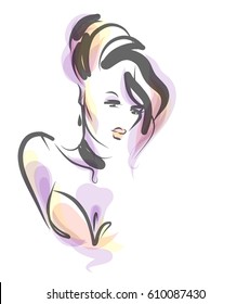 VECTOR 
stylish  original hand-drawn graphics portrait  with beautiful young attractive girl model for design. Fashion, style,  beauty . Graphic, sketch drawing.   Woman, girl.
