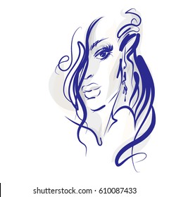 VECTOR 
stylish  original hand-drawn graphics portrait  with beautiful young attractive girl model for design. Fashion, style,  beauty . Graphic, sketch drawing.   Woman, girl.
