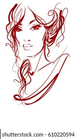 VECTOR 
stylish  original hand-drawn graphics portrait  with beautiful young attractive girl model for design. Fashion, style,  beauty . Graphic, sketch drawing.   Woman, girl.

