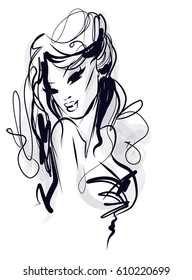 VECTOR 
stylish  original hand-drawn graphics portrait  with beautiful young attractive girl model for design. Fashion, style,  beauty . Graphic, sketch drawing.   Woman, girl.
