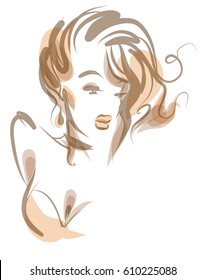 VECTOR 
stylish  original hand-drawn graphics portrait  with beautiful young attractive girl model for design. Fashion, style,  beauty . Graphic, sketch drawing.   Woman, girl.
